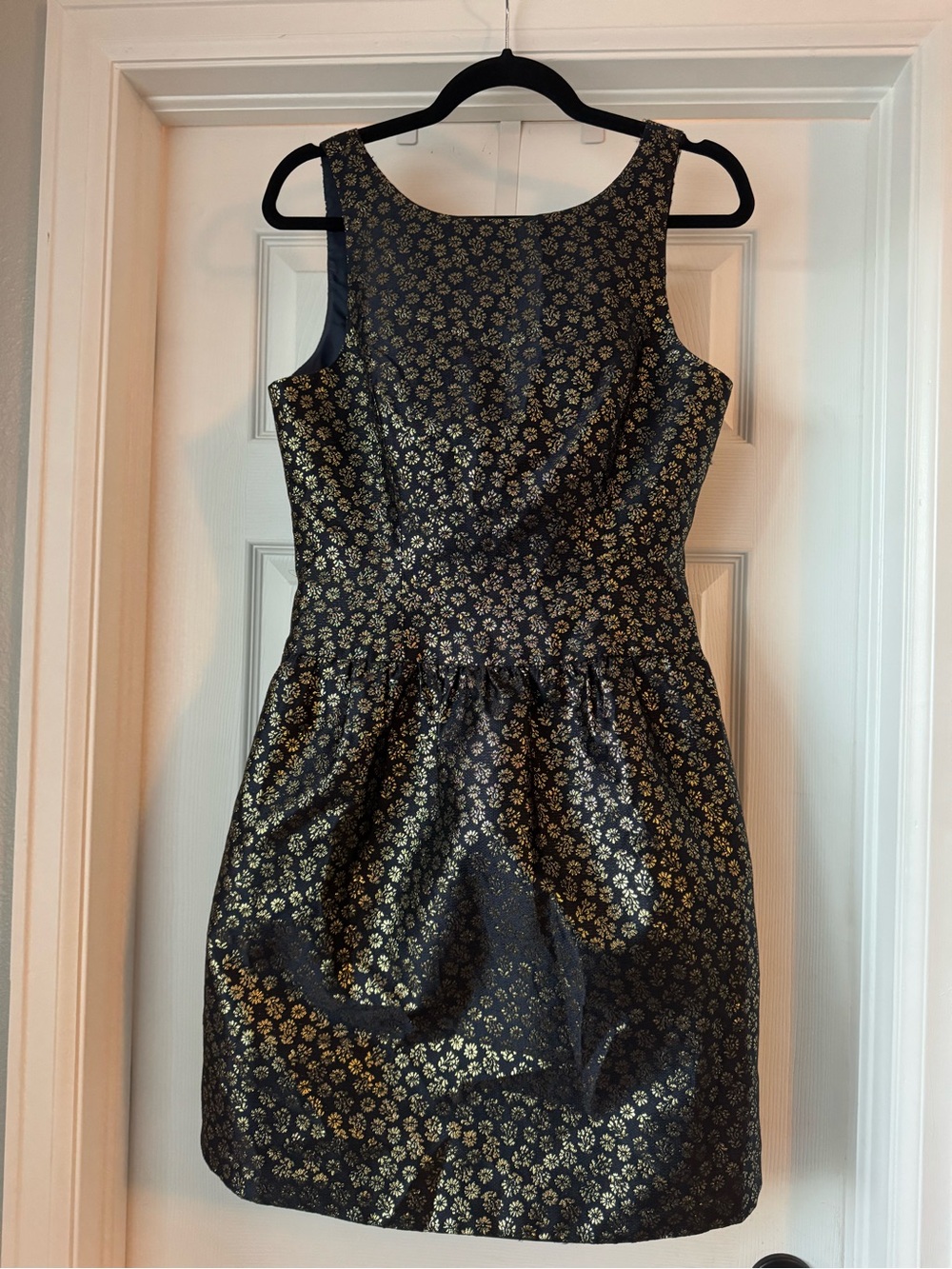J. Crew Navy Dress with Gold Floral Jacquard